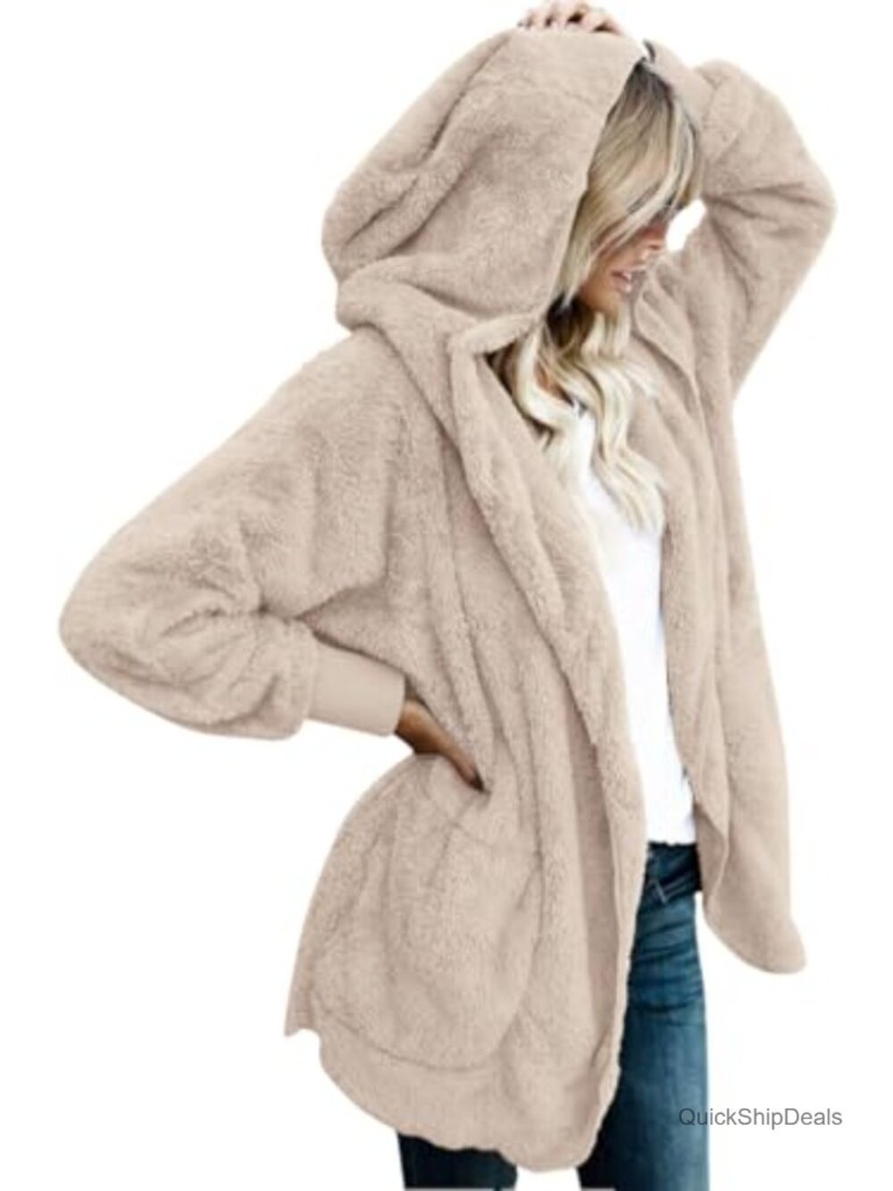 Womens Sherpa Hooded Cardigan Fuzzy Fleece Coat Open Front Oversized